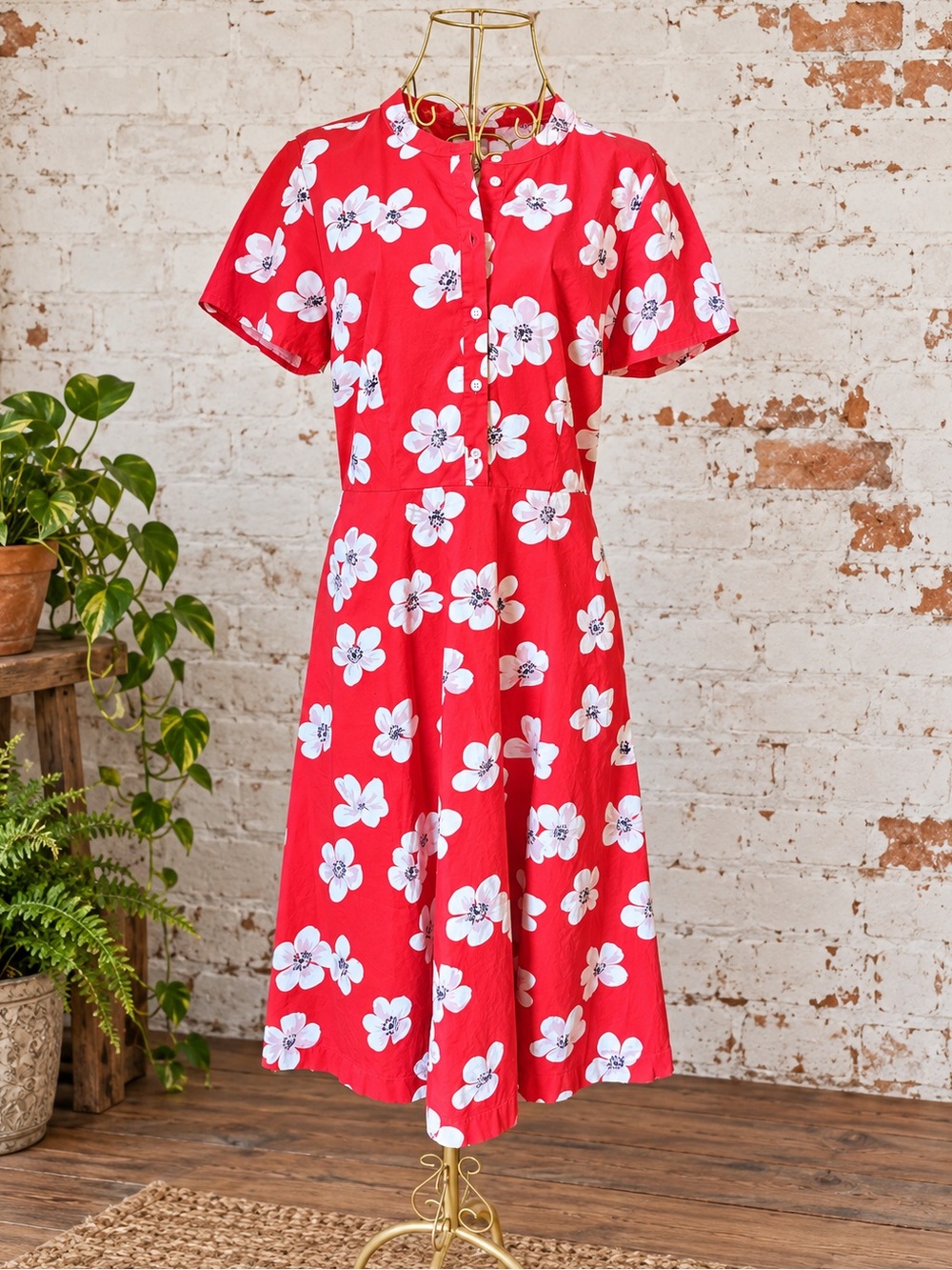 J.Crew Red Floral Cotton Stretch Midi Dress Size 6